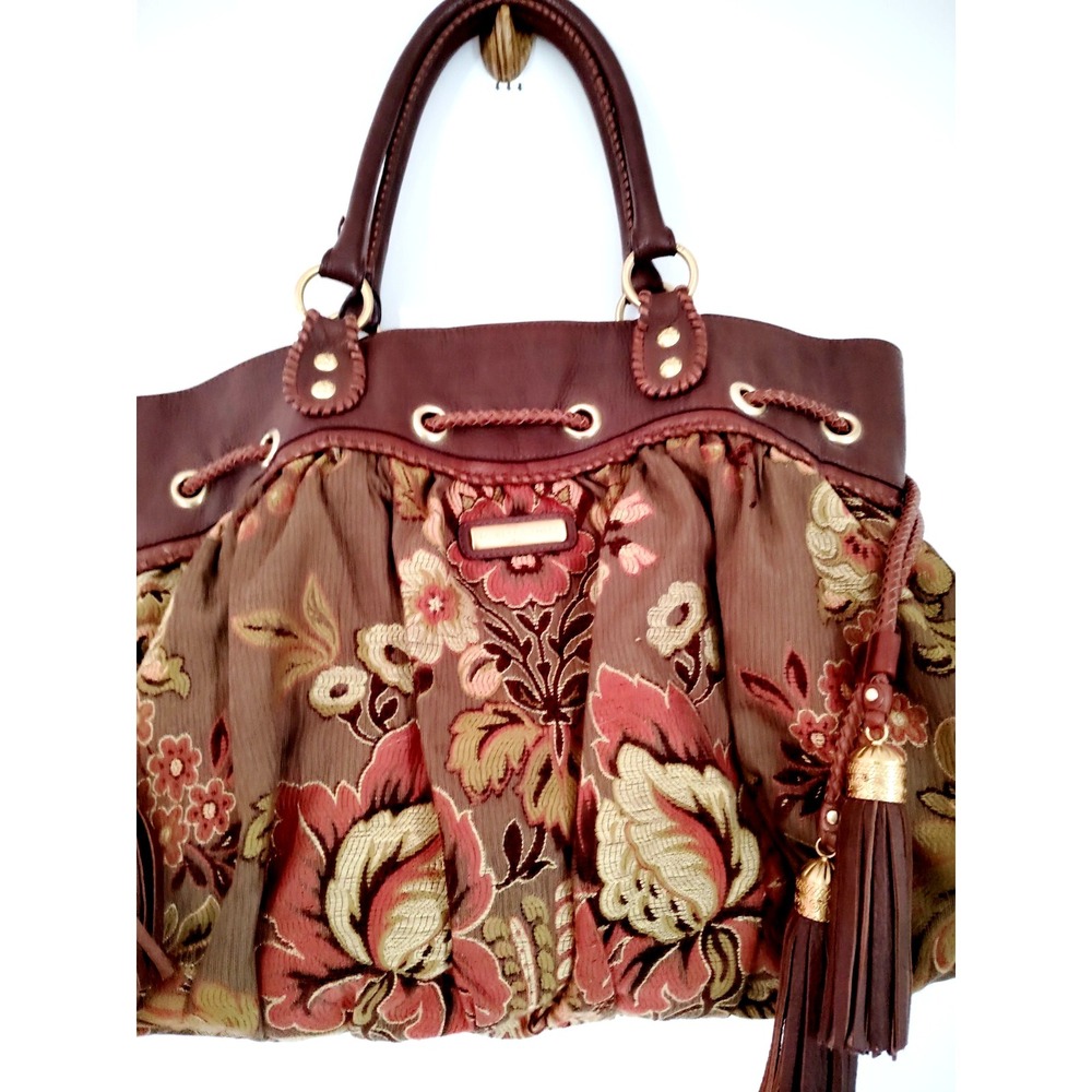 Isabella Fiore Floral Tapestry Satchel Handbag Brown Leather Trim Boho VTG Purse - Picture 3 of 16